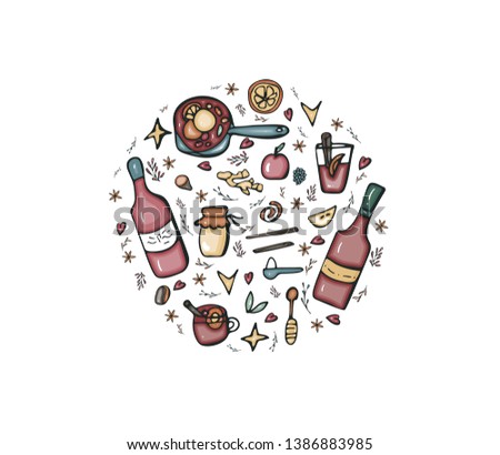 Round badge of mulled wine elements and objects. Composition of beverage ingredients in doodle style.