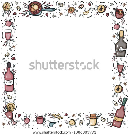 Frame of mulled wine elements and objects. Square border composition in doodle style.