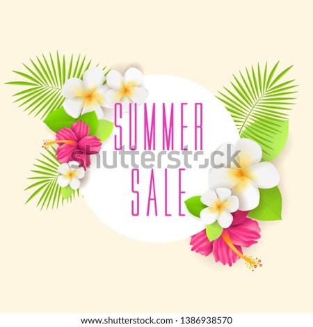 Frame background with tropical flowers and leaves. Summer sale concept.