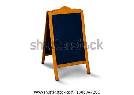 Storefront sign isolated on white background. Sidewalk menu chalkboard easel. Wooden stand. Blank chalkboard or blackboard stand with easel frame