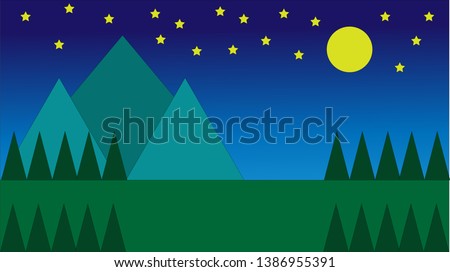 the night time, the stars and moon in bluesky, Meadow Mountain Star Moon background, Used as background or decoration.