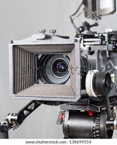 close up of an expensive cinema camera with accesories