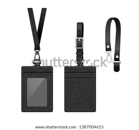 Vertical name tag and neck strap, black leather texture ID work badge card holder with front window/ plastic membrane shield and slot in at the back, vector illustration sketch template isolated Royalty-Free Stock Photo #1387004615