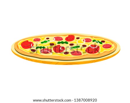 Pizza with sausages, olives and beans. Vector isolate on white background
