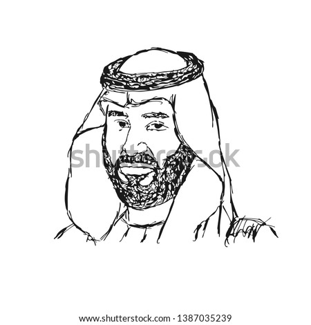 Arabic Man with traditional scarf. The Bedouin Arabian. Mohammed bin Salman. Vector illustration.  Royalty-Free Stock Photo #1387035239