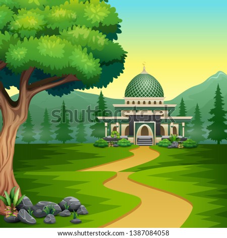 Cartoon road to the mosque with a beautiful landscape