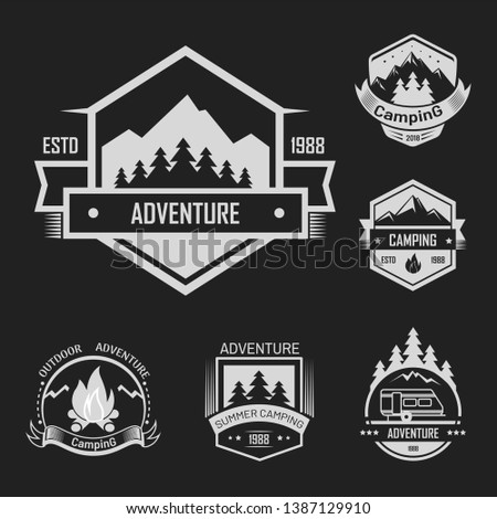 Adventure summer outdoor camping isolated labels set vector. Traveling to mountains being closer to nature, forest and trees. Animals sign, deer with horns, traveling, and touristm, sleeping in tents