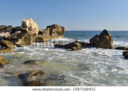 Stone beach Salines on Ibiza. Balearic Islands. Spain