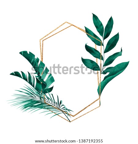 Geometric golden frame with exotic banana and palm leaves in background. Tropical style stationery design.
