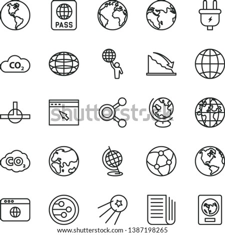 thin line vector icon set - sign of the planet vector, earth, passport, plug, CO2, carbon dyoxide, connections, globe, recession, newspaper, network, browser, connect, man hold world