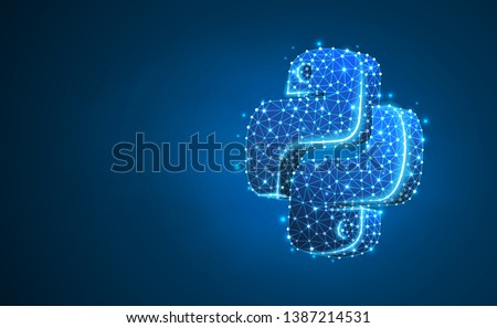 Python coding language sign. Device, programming, developing concept. Abstract, digital, wireframe, low poly mesh, vector blue neon 3d illustration. Triangle, line, dot, star