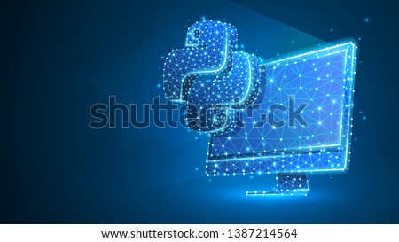 Python coding language sign on computer monitor. Device, programming, developing concept. Abstract, digital, wireframe, low poly mesh, vector blue neon 3d illustration. Triangle, line, dot, star