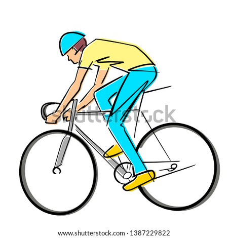Single male bicyclist on bicycle. Vector cycling race illustration. Colorful drawing. Isolated black contour and colors.