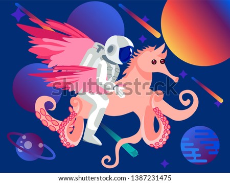 Fantasy, astronaut riding a seahorse with octopus tentacles. Space background. In minimalist style Cartoon flat Vector Illustration