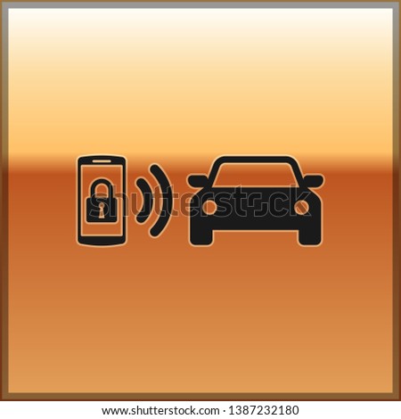 Black Smart car alarm system icon isolated on gold background. The smartphone controls the car security on the wireless. Vector Illustration