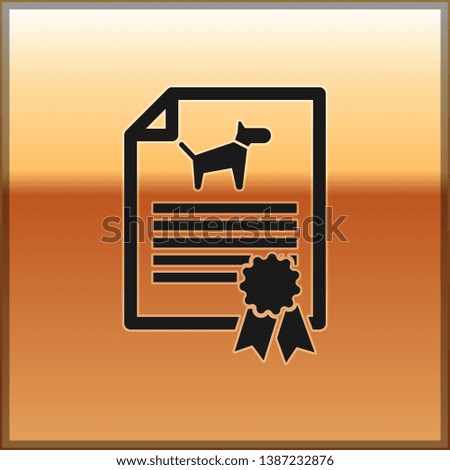 Black Medical certificate for travel with dog or cat icon isolated on gold background. Document for pet. Dog or cat paw print. Vector Illustration