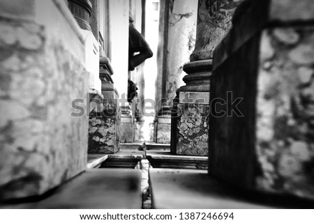 Black and white column. Black and white picture. Black and white architecture. Black and white detil from city.