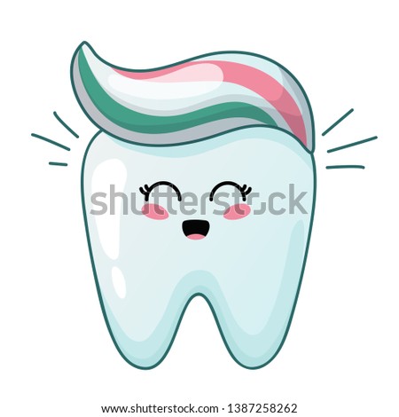 Joyful shining kawaii tooth with toothpaste, Cute cartoon character - pure white tooth, teeth brushing and oral hygiene, concept of dental care and dentistry. Vector flat illustration