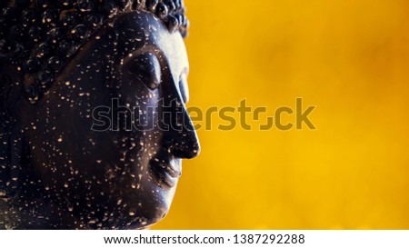 The face of the Buddha with white powder on the face and a simple yellow background.