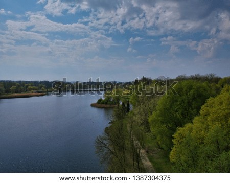 Aerial view of a small island on a pond in Nesvizh Park, Minsk Region, Belarus