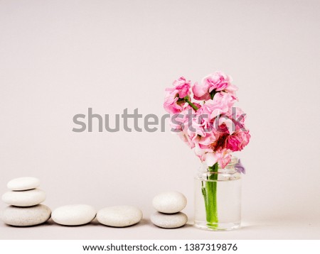 Spa still life with zen stones and flower, Harmony and balance, cairns, simple poise stones on gray background, rock zen sculpture.