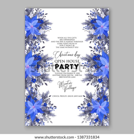 Navy blue Poinsettia Merry Christmas Party Invitation flyer Floral winter wreath of flower fir pine cone berry