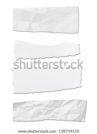 collection of  white ripped pieces of paper on white background. each one is shot separately