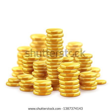 Gold coins cash money in piles, Isolated on white transparent background. Eps10 vector illustration. Royalty-Free Stock Photo #1387374143