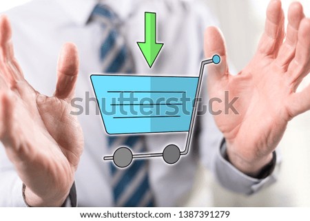 Online shopping concept between hands of a man in background