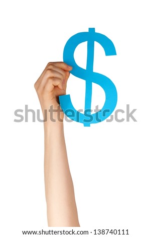 hand holding a blue dollar sign, isolated