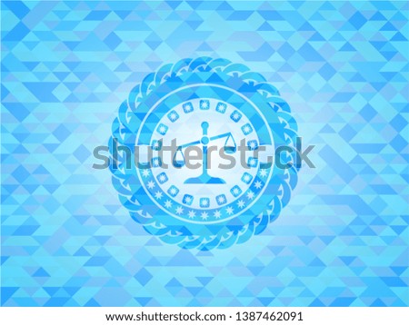 scale icon inside sky blue emblem with mosaic ecological style background
