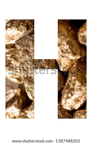 letter H made of shiny golden stones isolated on white