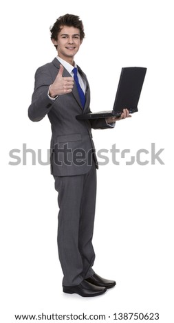 Business Man Holding Laptop Showing Thumb Up Sign Isolated Over White Background 