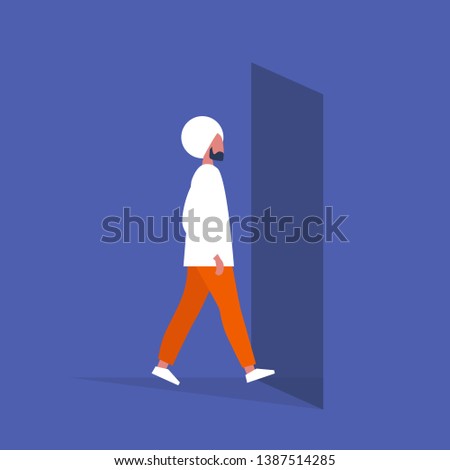 Young indian character walking through a doorway. Daily life. Flat editable vector illustration, clip art