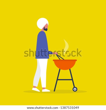 Young indian character cooking dinner on the BBQ. Outdoor leisure. Barbecue. Flat editable vector illustration, clip art