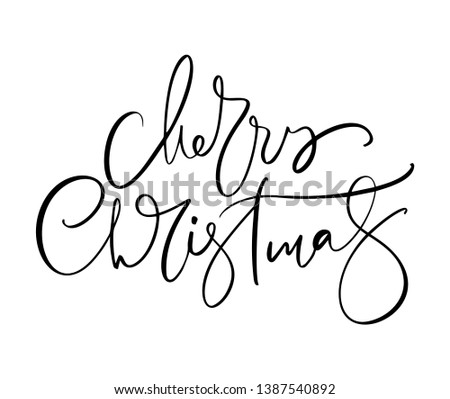 Merry Christmas black handwritten lettering text. Inscription calligraphy vector illustration holiday phrase, typography banner with brush script.