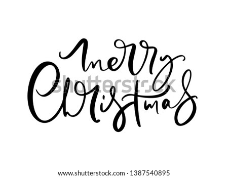 Merry Christmas black handwritten lettering text. Inscription calligraphy vector illustration holiday phrase, typography banner with brush script.