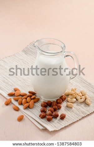 Juf of vegan milk made of almond, hazelnuts and cashew nuts. Fabulous alternative to cow's milk with amazing nutty flavor.