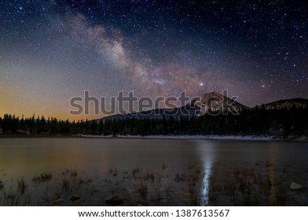 Milky Way in colorful night sky over snow covered Yates Mountain by a calm Middle Lake in Alberta surrounded by trees with rocks and grasses in shallow water by shoreline.  