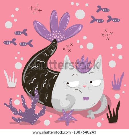 Mermaid cat cartoon vector character. Cute underwater magical creature colorful illustration. Bored cat. Ocean mythical life hand drawn design elements. Fairytale isolated clipart. EPS8 vector.