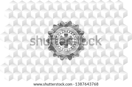 emergency cross icon inside grey badge with geometric cube white background