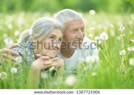 Portrait of happy senior couple lying on green meadow