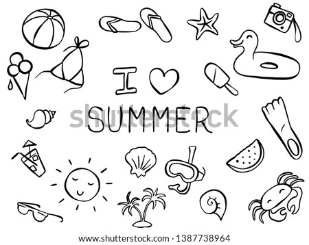 Set of elements with the topic "Summer". Simple hand drawn. Vector. Royalty-Free Stock Photo #1387738964