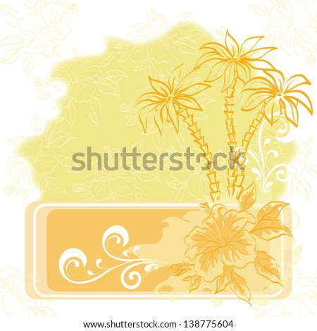 Exotic background. Contour palm tree and flowers. Eps10, contains transparencies. Vector