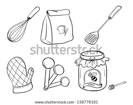 Illustration of a doodle set of kitchen utensils, baking powder and honey jam on a white background