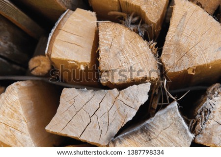 Close-up of stacked firewood prepared for fireplace and stove in large log woodpile in yard, space for text.