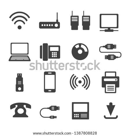 Icons media Communications. A set of internet icons with different Business objects. Computer, telephone, communication, and communication and presentation of business ideas.