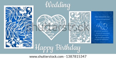 The inscription-happy birthday, wedding. Rowan, leaves, berries,. Card Rowan, leaves, berries in heart, and space for text. Laser cutting template for greeting cards, invitations decorative elements 