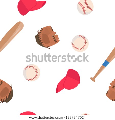 Vector seamless pattern with baseball attributes: ball, cap, glove and bat, simple illustration in flat style at white background. 