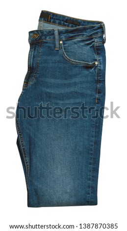 Blue jeans isolated on white background.Beautiful casual jeans top view .
